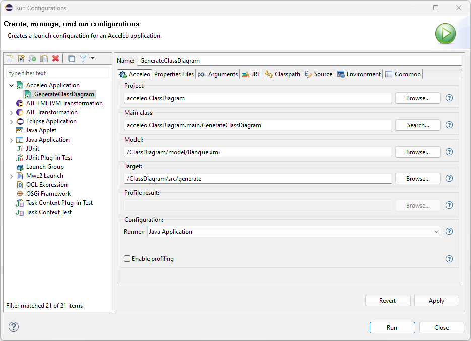 Configuration
d'exécution Acceleo